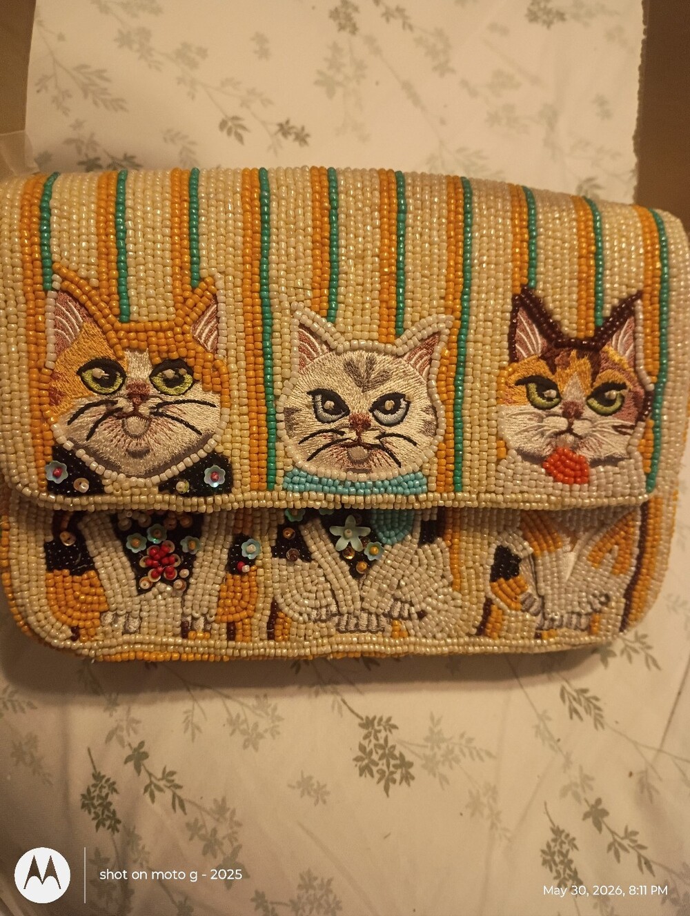 NWT Made in India Cats Kittens Grumpy Cute Striped Multicolor Beaded Bag - Picture 5 of 5